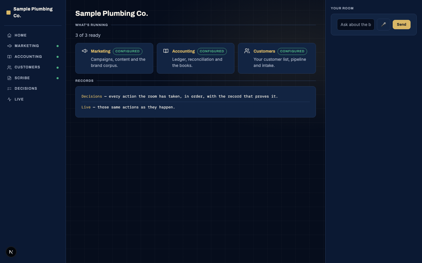 The Sovereign operator dashboard for a fictional plumbing business: a navy command view with three services marked configured, a records card and the assistant panel where the owner asks questions and approves actions.